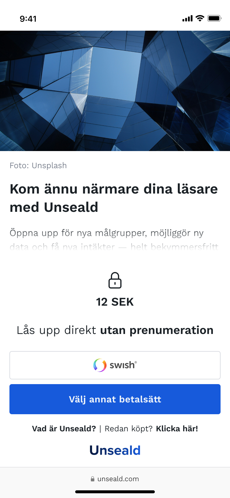 A mobile with an article together with Unsealds single purchase paywall. 