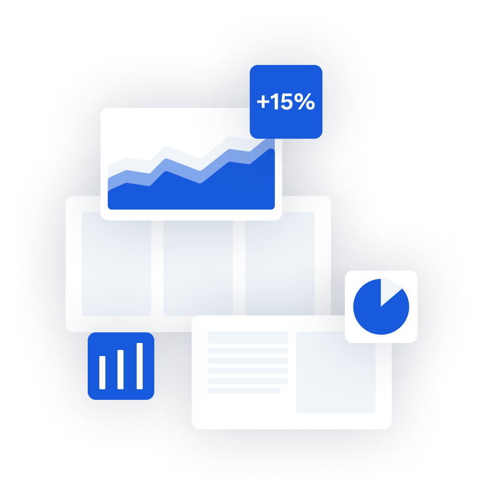 Illustration of numbers and design elements of a dashboard, layered on each other.