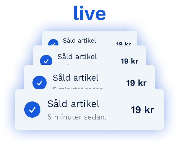 A blue text saying "live" and four cards stacked behined each other indicating sold articles. 