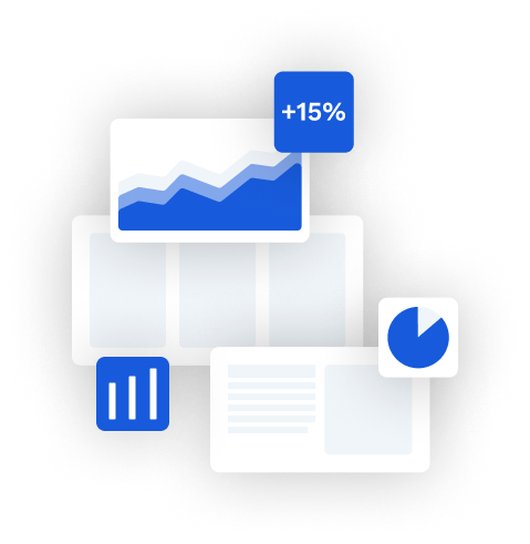 Dashboard illustration with floating wireframe components.